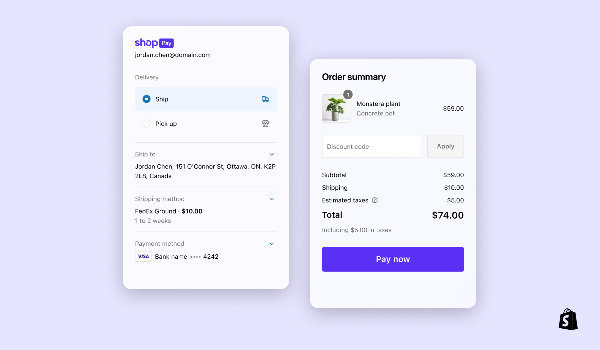 Shopify checkout processes the sale of a pot plant
